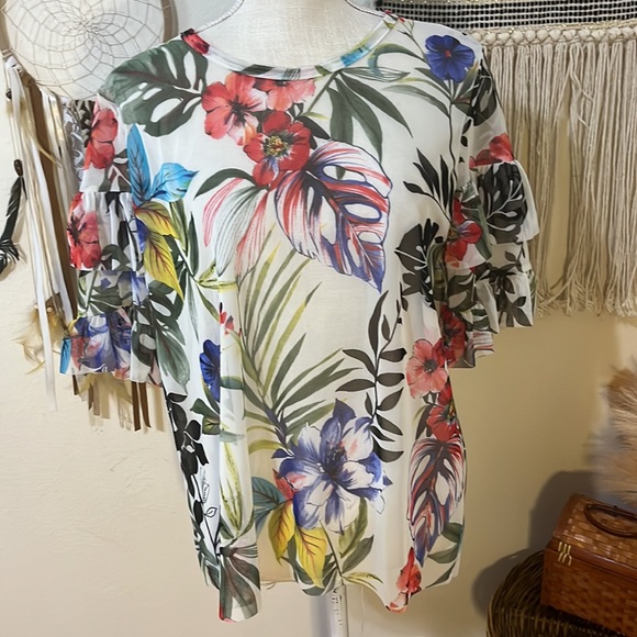 Mesh Floral Print Top with Double Ruffled Sleeves/ Sheer   Mesh Top/ Size Large - Picture 4 of 8